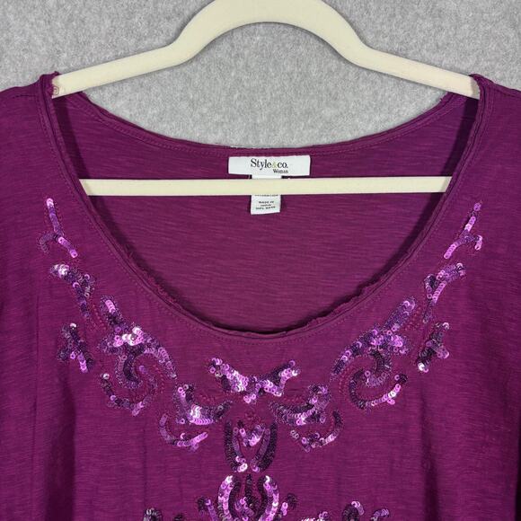 Style & Co Tunic Top 1X Purple Sequin Embellished Soft Thin Artsy Stretch Jersey - Picture 4 of 11